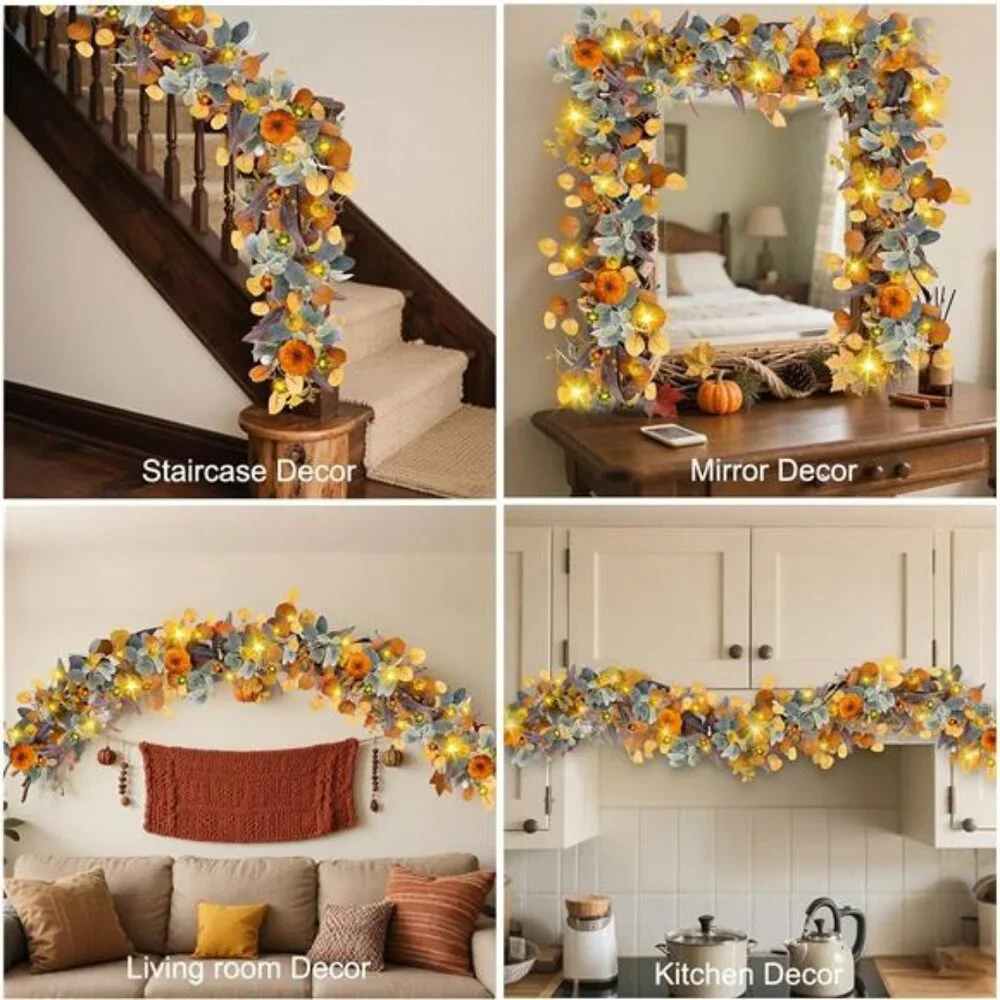 Fall Garland with Lights, 6FT Fall Leaves Garlands, Artificial Eucalyptus